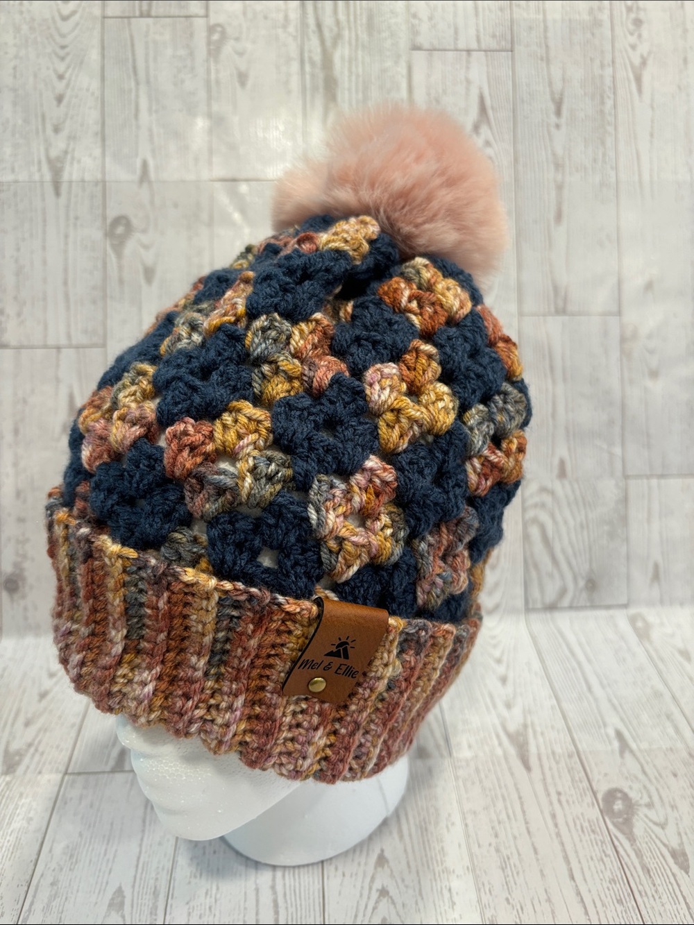 Hand Crafted Navy, Blush & Multicolor Crochet Pom Hat